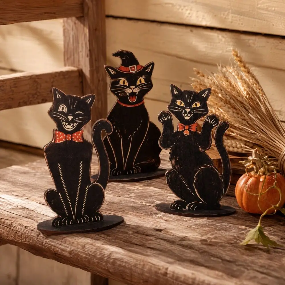 3 pcs 2D Flat Design Sitting Cat Statue Vintage Wooden Desktop Ornaments Home Decor Cat Decorative Plaques Study Room