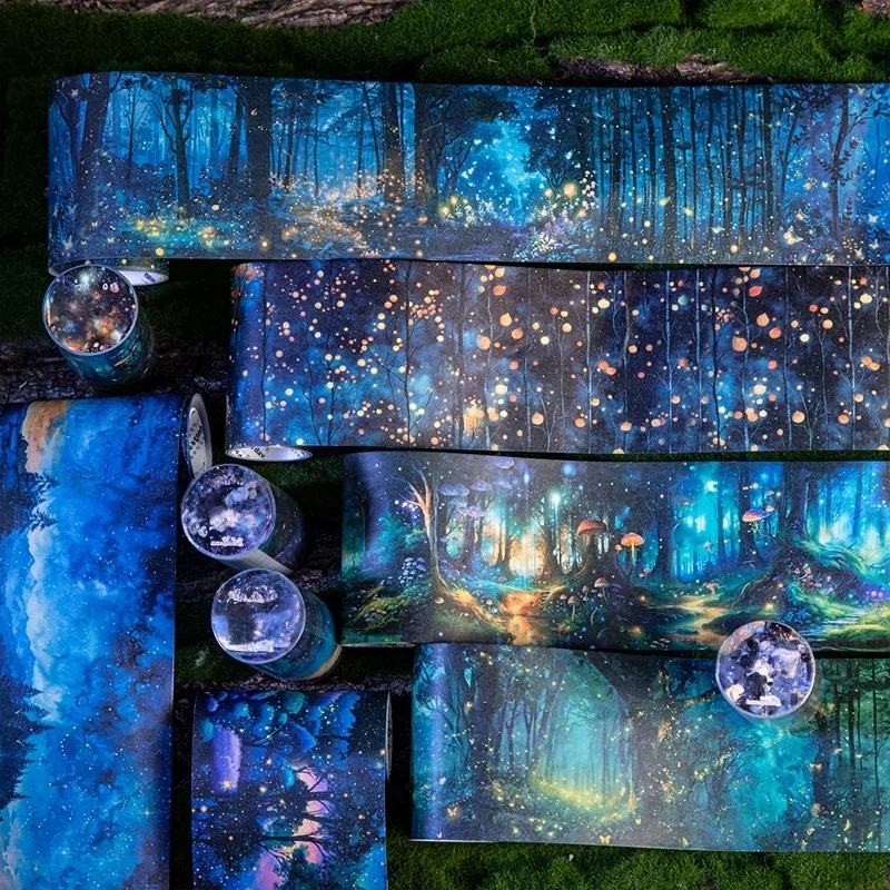 6 Gulungan/Paket Selotip Washi - 8Cm×200Cm - Pola Hutan Langit Berbintang Ajaib, Warna Cerah, Perekat Tahan Lama Cocok untuk Perencana, Jurnal, Botol Air, Kerajinan DIY, Dekorasi Hutan Ajaib, Dekorasi Gaya Alami, Kertas Berkualitas Tinggi, Stiker Dekoratif Eksklusif untuk Penggemar Buku Harian