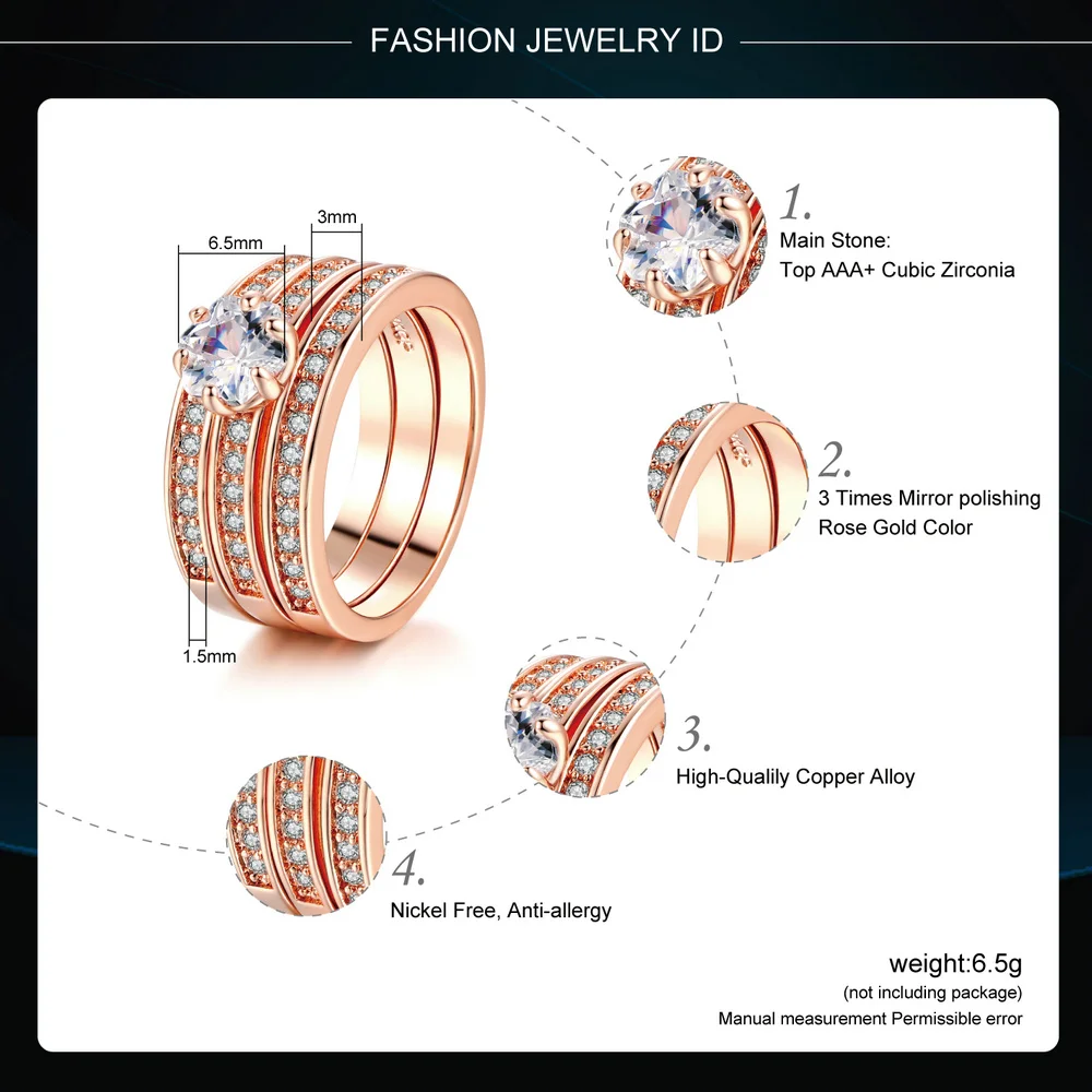 Classic 3 Round Engagement Ring Set for Women Rose Gold Color Jewelry Made with Genuine Austria Crystals Sizes HotSale R059