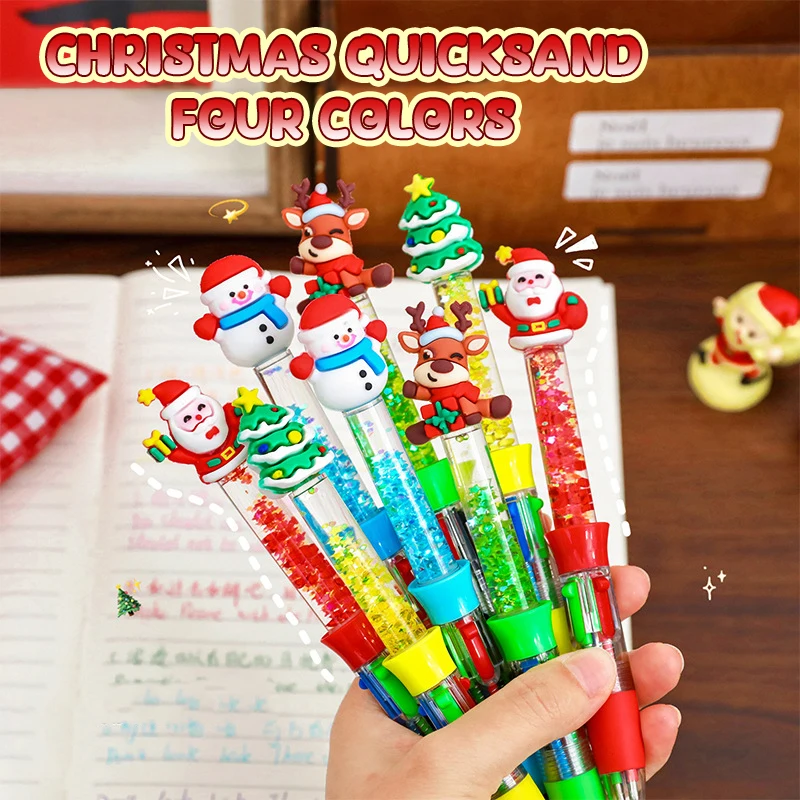 Cute Creative Quicksand Gel Pen Cartoon Ball-point Pen Four-color Pressing Neutral Pens Stationery Glitter Signature Pens Gifts