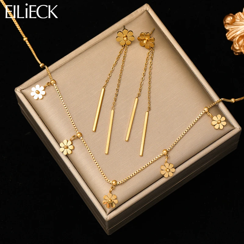 EILIECK 316L Stainless Steel Gold Color Flower Pendant Necklace Earrings For Women Girl Fashion Non-fading Jewelry Set Gift