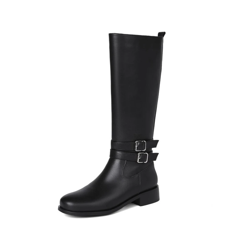 Women's new leather cowhide round head metal belt buckle, mid heel plus size and knee zipper high top boots, fashion boots - Image 3