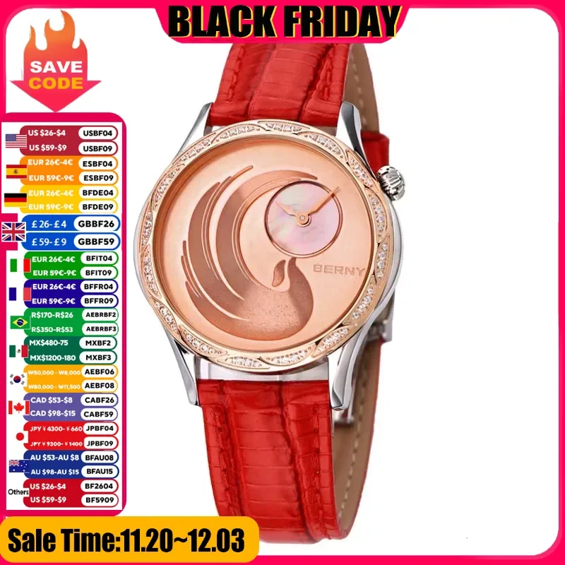 BERNY Women Quartz Japan Miyota Watch Phoenix Clock Top Brand Luxury Diamond Leather Strap Waterproof Ladies Fashion Wristwatch
