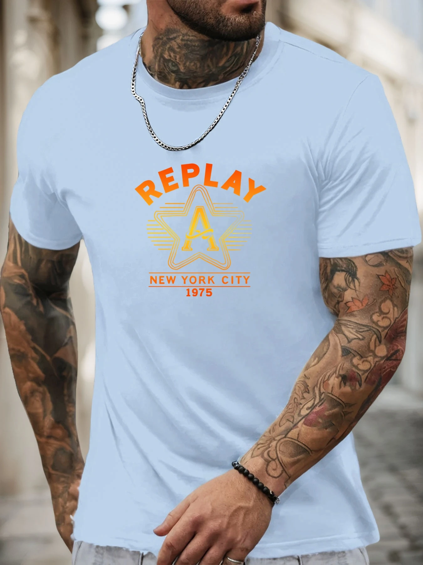 تي شيرت بأكمام قصيرة REPLAY للرجال 100 ٪ قطن نمط مطبوع قميص صيفي بياقة دائرية بمرور الهواء تي شيرت رائع كاجوال فاشن