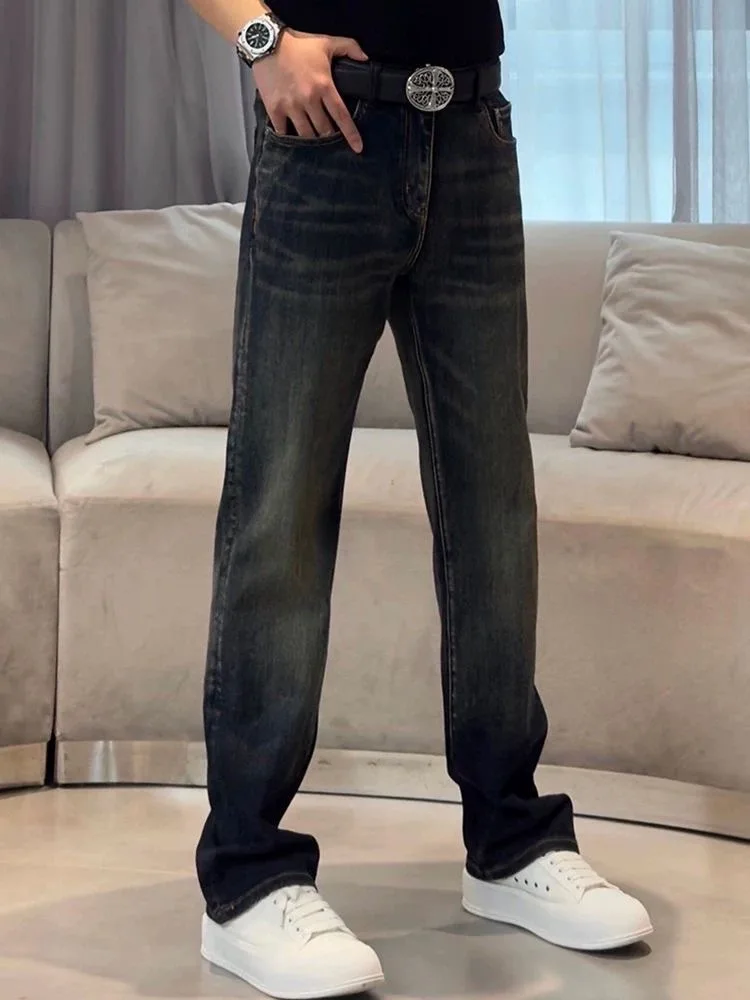 

Джинсы с завышенной талией в стиле ретро, мужские универсальные прямые брюки, повседневные эластичные брюки для отдыха, осень-зима, модные брюки...