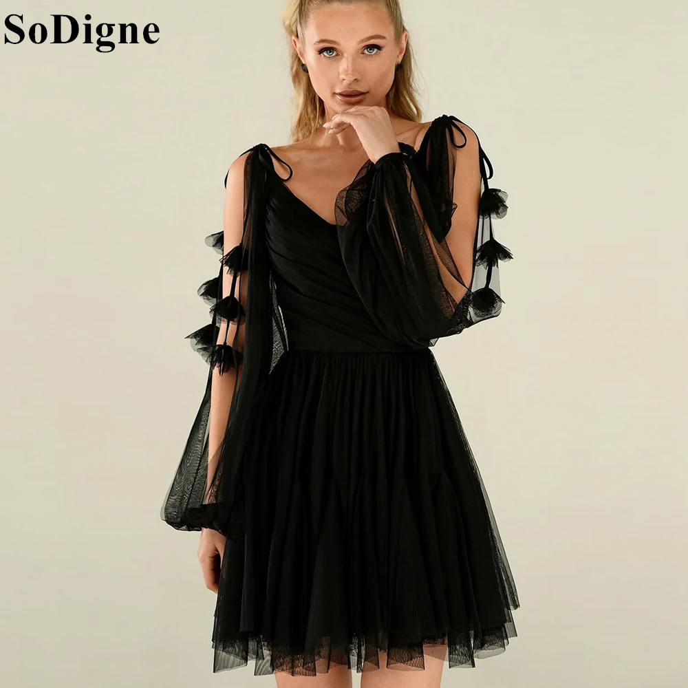 SoDigne สีดํา Tulle ชุดเดรสสั้น A-Line จีบ V คอพัฟแขน Modern PARTY Mini Dress 2025 ค็อกเทล Gowns ที่กําหนดเอง