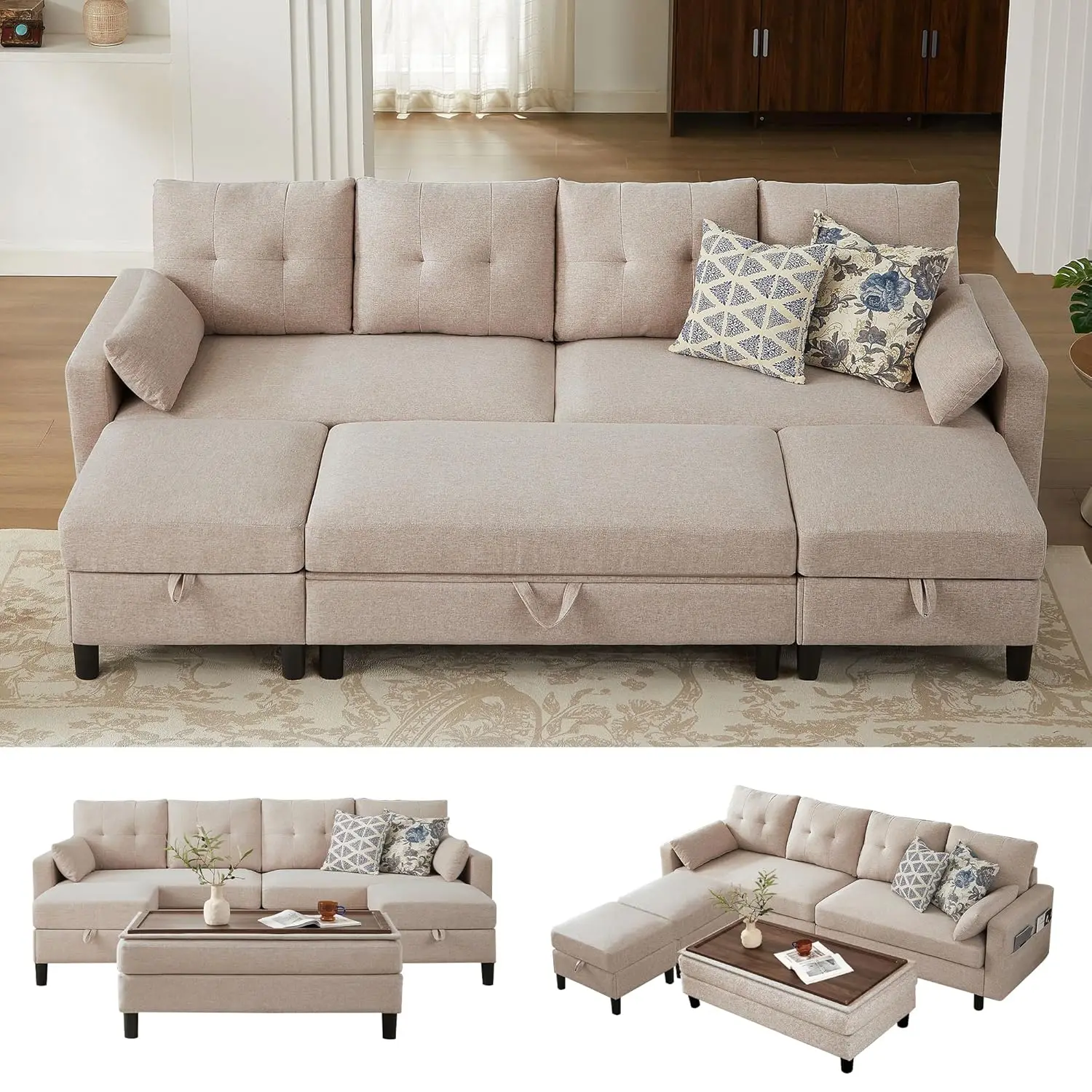 

101" Convertible U-Shape Sectional Sofa Ottoman Coffee Table Linen Storage Pocket Living Room Apartment Office Beige, Customized