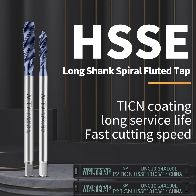 HSSE-M35 JIS Standard With Ticn Long Shank 100MM Spiral Fluted Tap UNC UNF 2-56 4-40 8-32 10-24 1/4 5/16 3/8 Machine Thread Taps