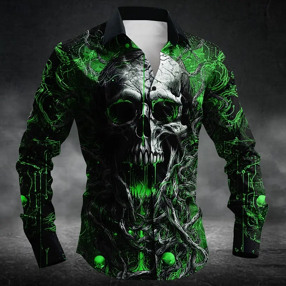 Halloween Men Horror Skull Printed Shirt Vintage Long Sleeve Button Down Tops Gothic Horror Graphic Casual Street Harajuku Shirt