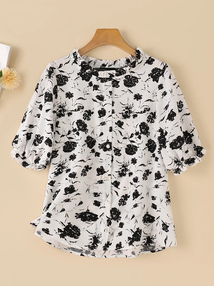 ZANZEA Elegant Floral Print Tunic Tops O Neck 3/4 Sleeve Flounce Trim Women Blusas Mujer Casual Autumn 2024 Vintage Blouses