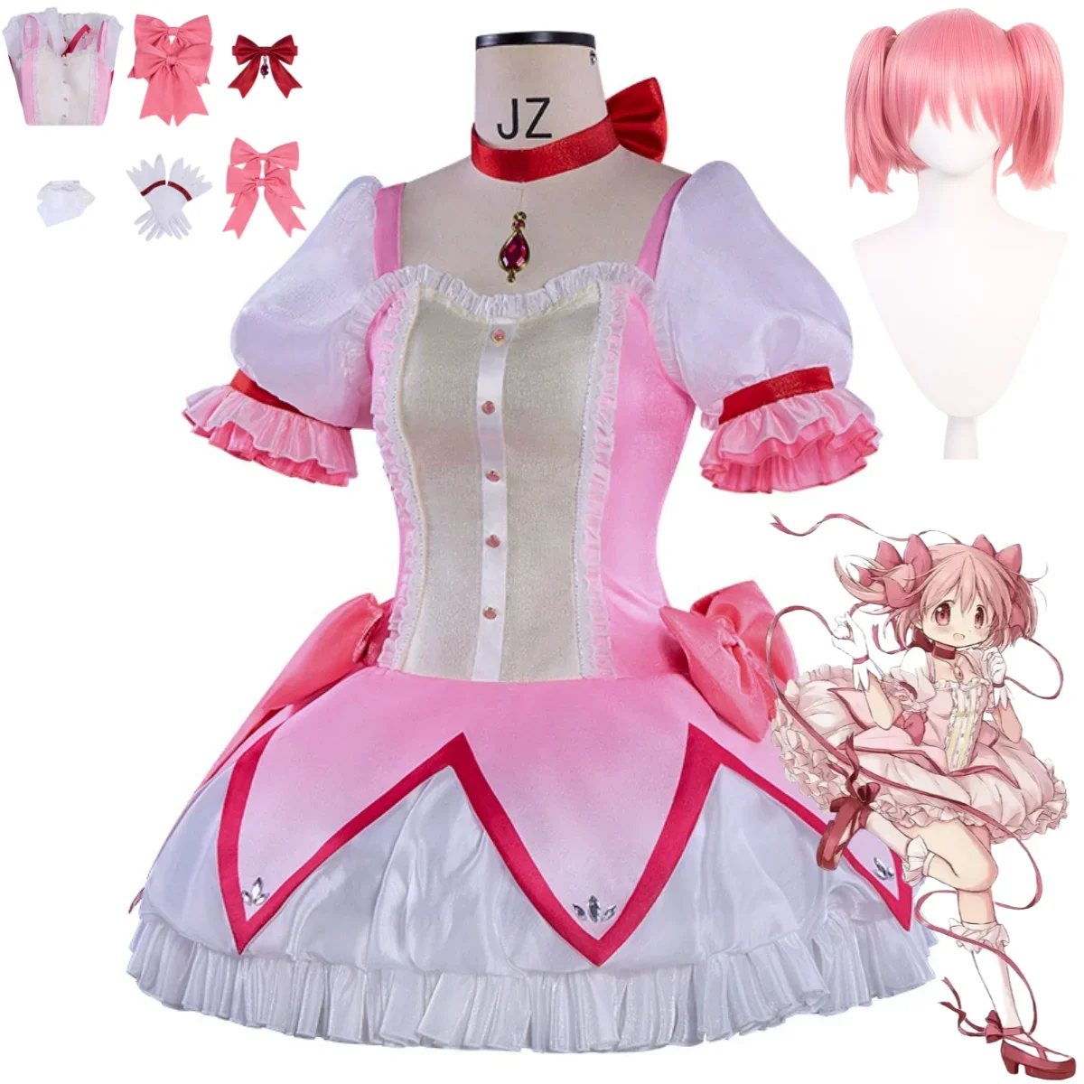 

Woman Kawaii Carnival Suit Anime Puella Magi Madoka Magica Kaname Madoka Cosplay Costume Wig Pink Princess Dress Lolita Skirt