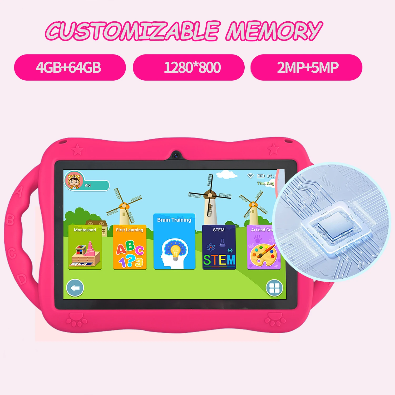 7.0 Inch WiFi Kids Tablet with Cartoon Pattern 64GB ROM Android 13 Google Certified Learning Education Games