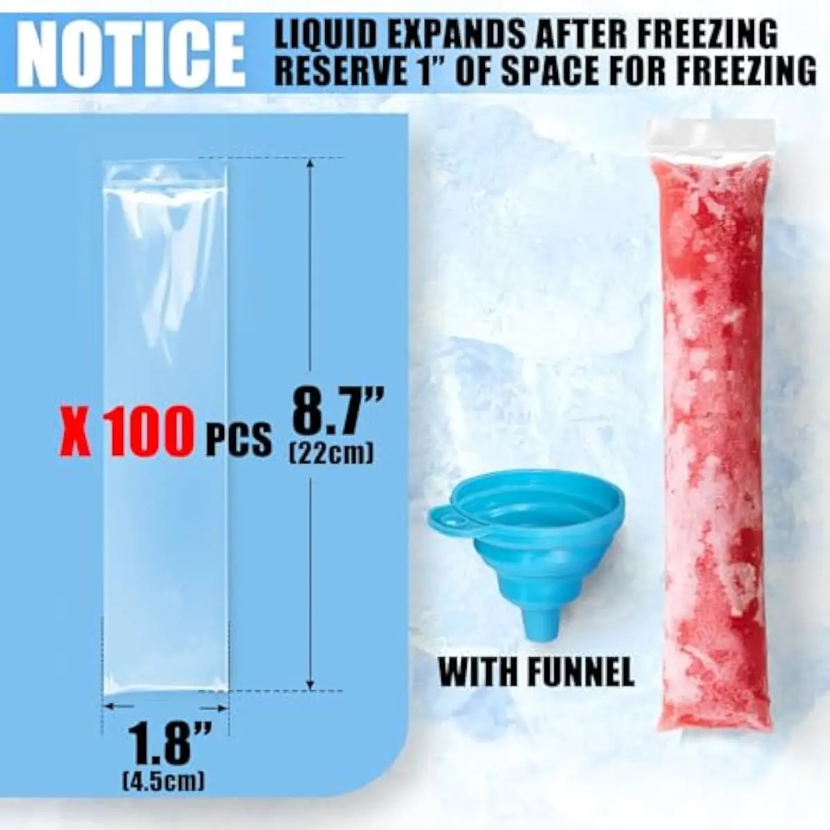 100 Pack Ice Pop Bags with Funnel, 1.8 x 8.7 Inch Disposable Popsicle Bags, Leakproof Freezer Pop Sleeves for Juice, Smoothies,