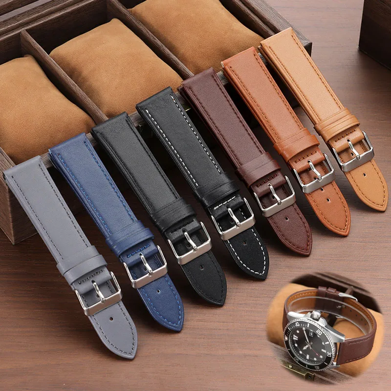 20mm 22mm Soft Cowhide Watch Band for Seiko for Omega Leather Strap Vintage Edge Stitching Bracelet Sport Waterproof Wristband