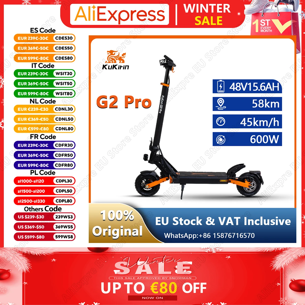 KuKirin G2 Pro Electric Scooter 600W Motor 48V15.6Ah Battery 9'' Tire aldult Escooter Removable Foldable bring Seat E-Scooter