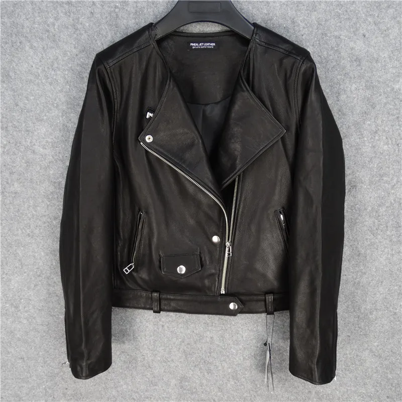 Ölwachs-Schaffell-Lederjacke für Damen, Rundhalsausschnitt, schmales und dünnes Lederöl