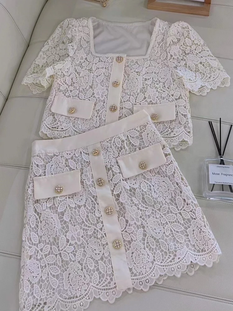 New Summer Lace Skirt Suits 2 Piece Sets Women Outfits Elegant Square Collar Short Sleeve Shirt Top + Mini Skirt Sets Pink/white