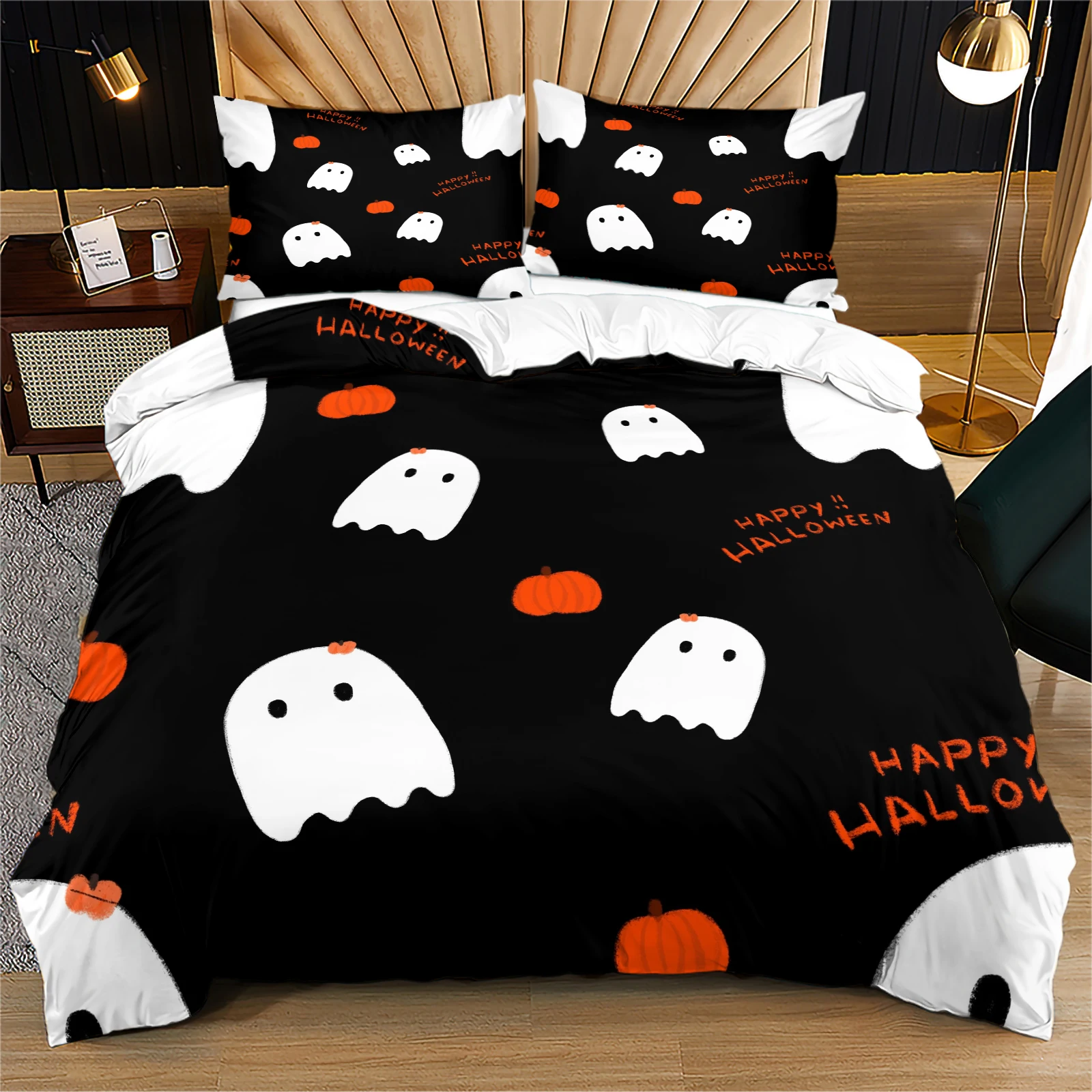 Black Cute Ghost Pumpkin Duvet Cover Set Happy Halloween Bedding Set, Minimalist Cartoon Ghost Comforter Cover