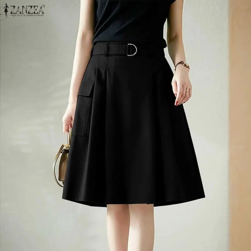 2026 ZANZEA Stylish Summer Skirt Elegant Women OL Work Skirts Solid Belted Faldas Saia Casual A-line Holiday Knee-length Skirt