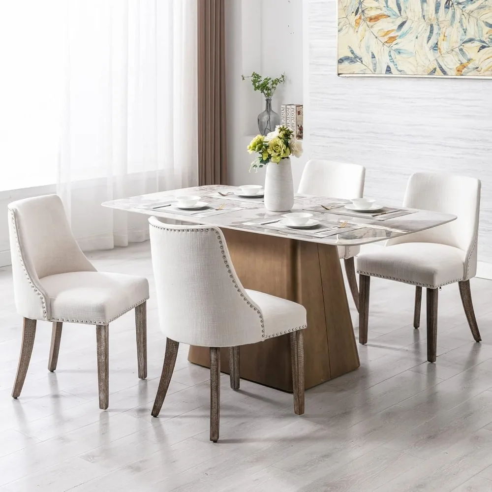 

Set of Four Mid-Century Modern Velvet Upholstered Accent Chairs with Nailhead Trim and Linen Cushions on Wooden Legs