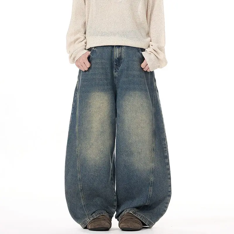 

2025 Autumn New Men's Jeans Oversized Wide Leg Pants Loose Vintage Patchwork Floor Length Draped Denim Trousers Streetwear Male