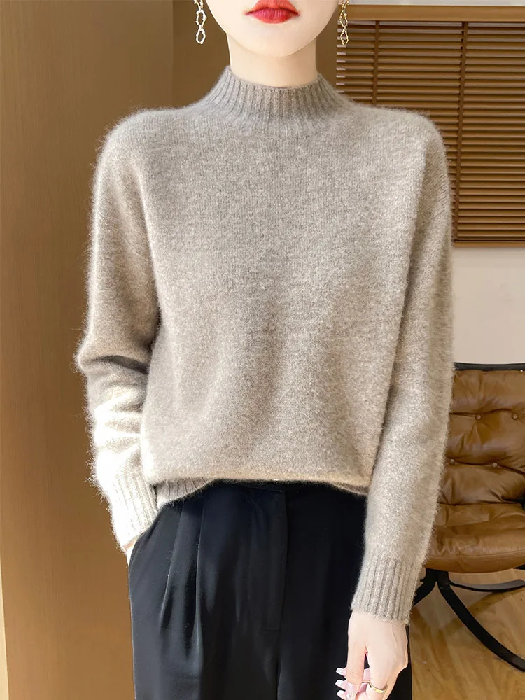 Chic Pure Color Basics Soft Women's Pullovers 100% Cashmere Knitted Casual Loose Mock Neck Sweater Warm Regular Fit Tops