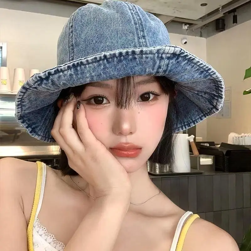 

New Denim Fisherman Hat for Women Japanese Big Head Surround Sun Protection Sun Protection Basin Hat Versatile Bucket Hat