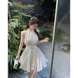 Gagarich Sleeveless High Waisted Ribbon Chiffon Dress Women Summer Niche White A-line Waist Up Holiday Style Short Vestidos