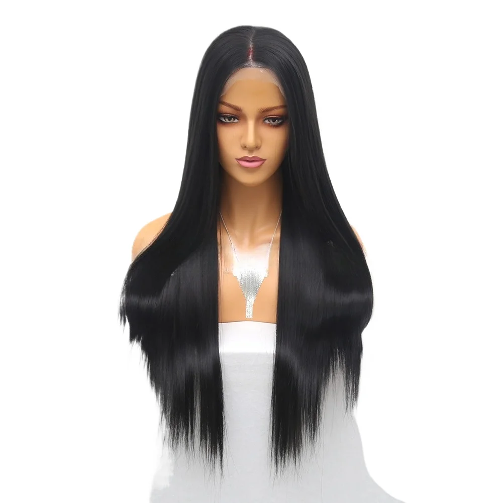 

Европейский и американский новый головной убор из химического волокна, кружевной передний парик, 13*6, большой ручной крючок, черный длинный прямой