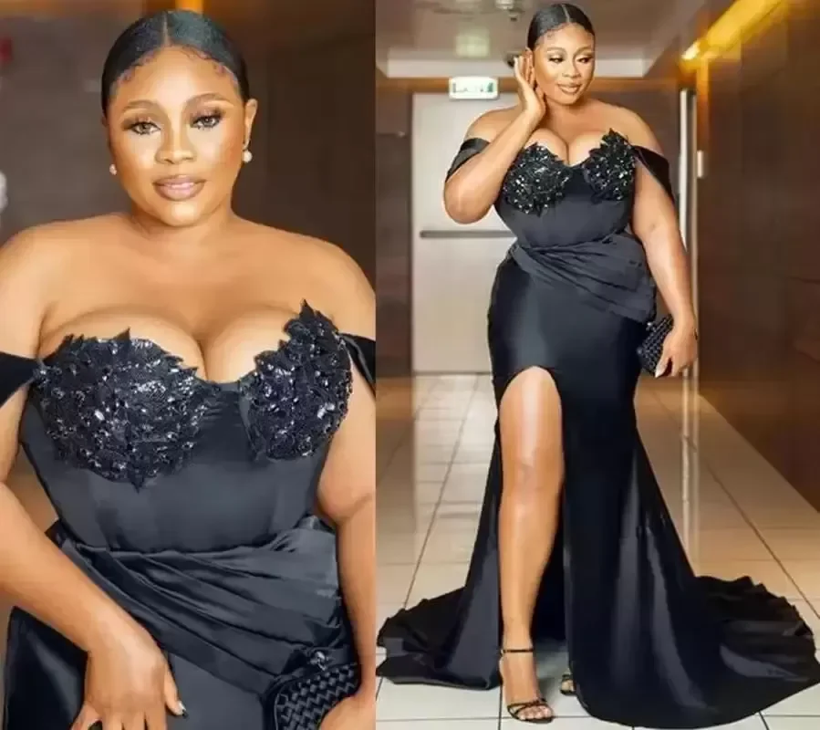 

Черное плиссированное платье русалки больших размеров по индивидуальному заказу, сексуальный лиф с открытыми плечами и боковым разрезом, кружевное вечернее платье из бисера