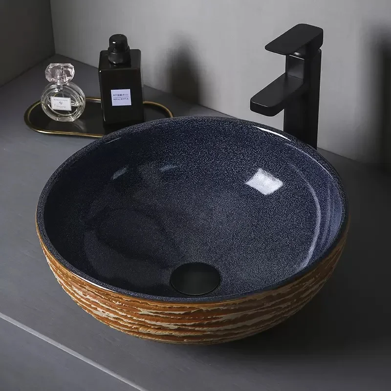 

Countertop Bathroom Sink Round Single Basin Retro Bathroom Washbasin Balcony Art Basin Ceramic Countertop Sink With Drainer