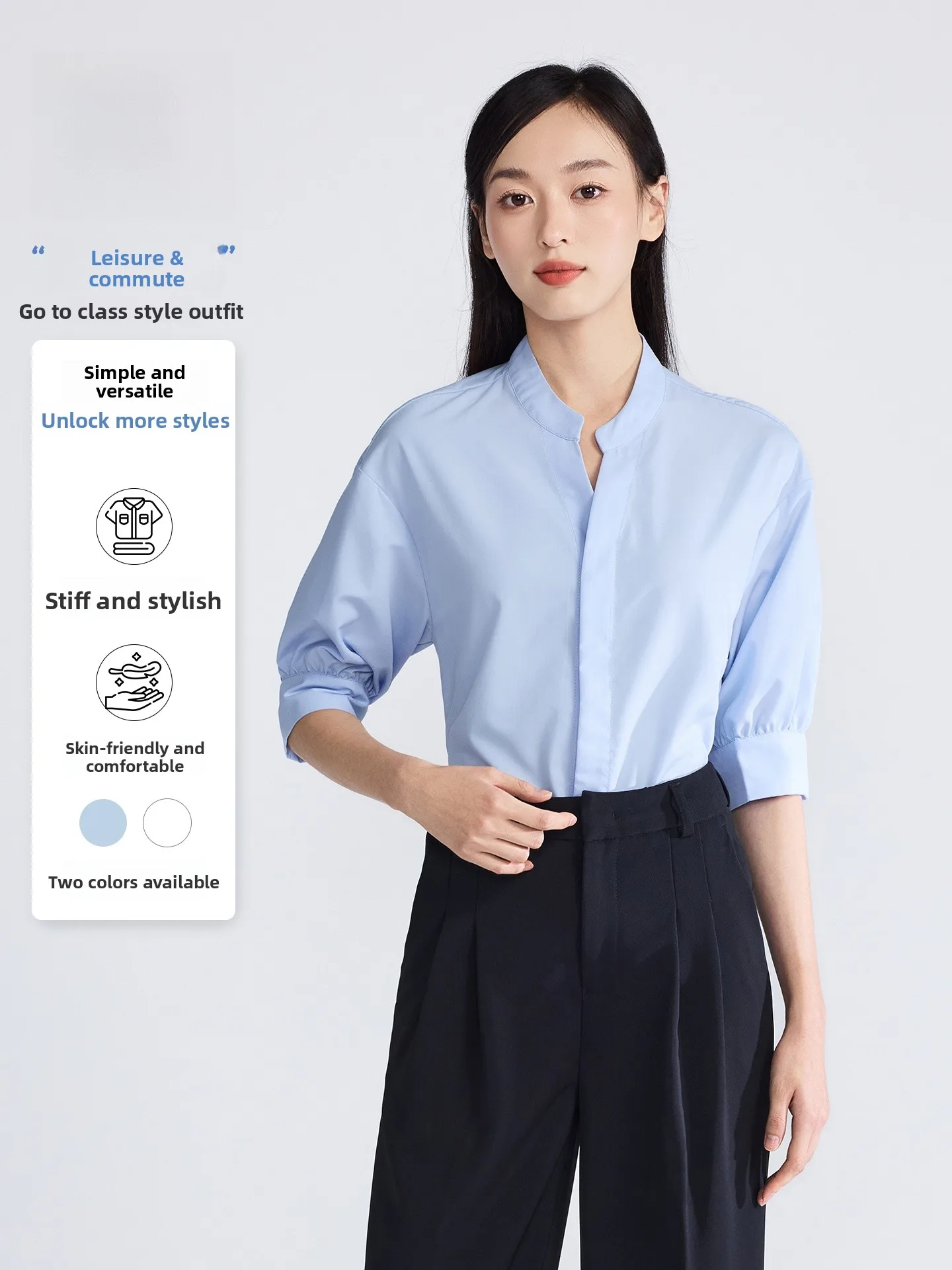 

Busin Sle ort Sve irt Women's Formal Wear Summer New Model Blue Color for College Students National Exam Interview