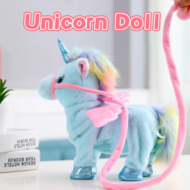 Unicornio caballo de peluche eléctrico para niños, Robot de peluche con música, juguetes para niñas, caminar, hablar, regalos para niños, 35cm