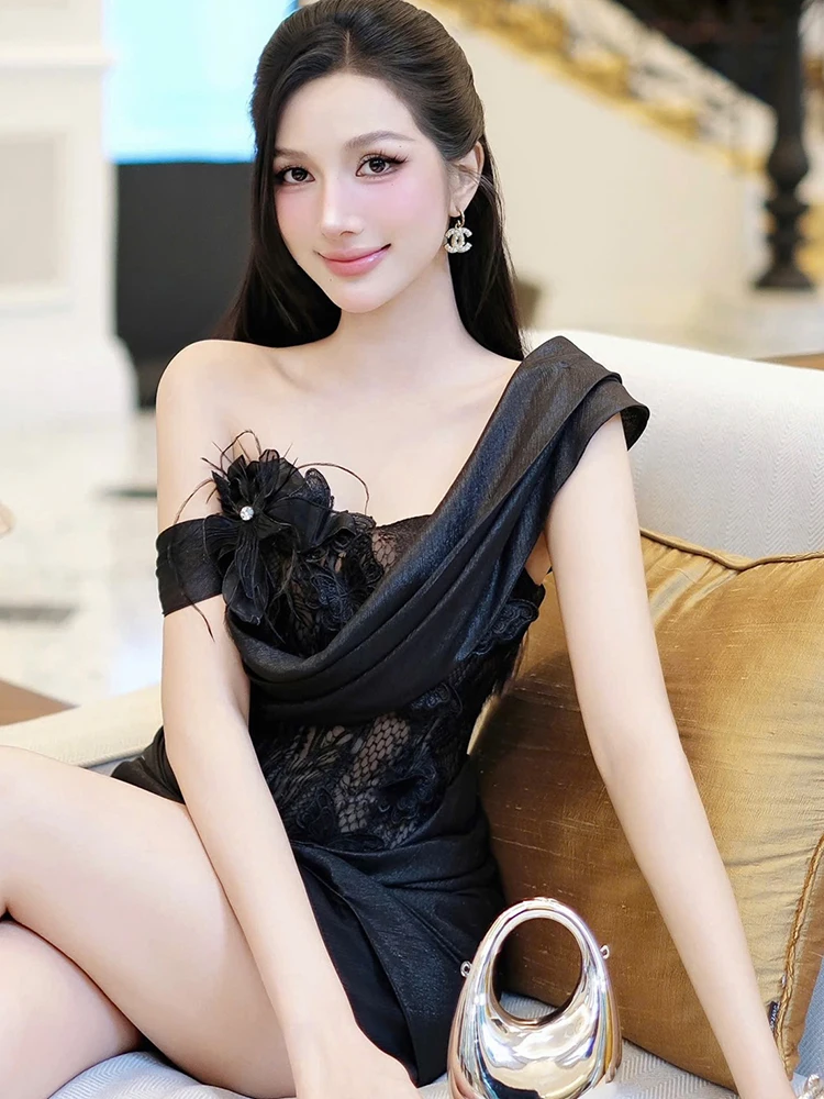 Whatiwear Asymmetric Collar Dress Women 3d Flowers Butterfly Decoration Patchwork Sleeveless Backless Folds Prom Party Bodycon