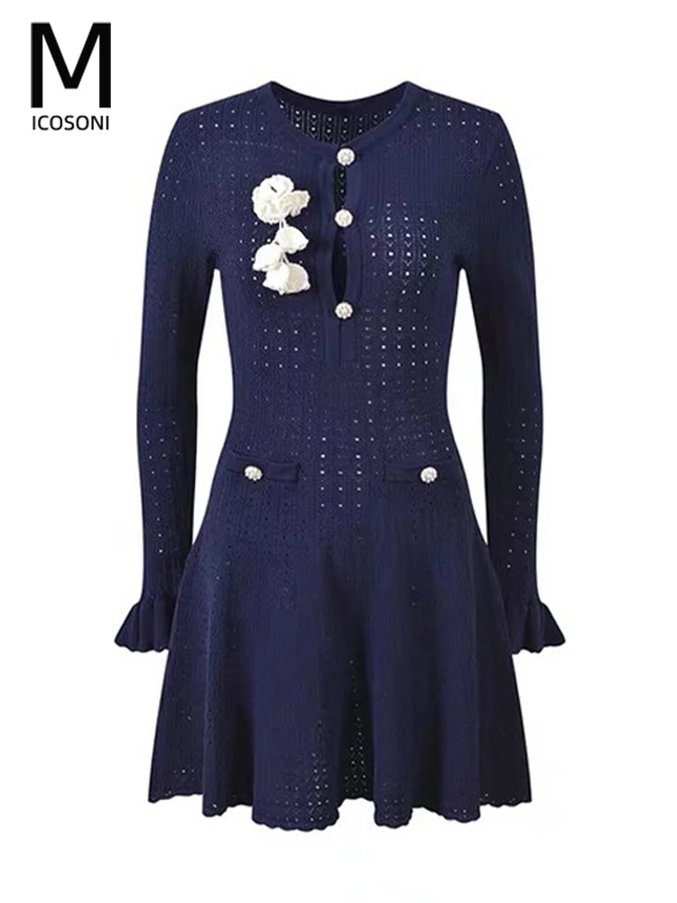 

Micosoni Blue Detachable Brooch Crochet Long Sleeve Dress for Women Hollow Lotus Leaf Edge High-Quality Early Autumn New Style