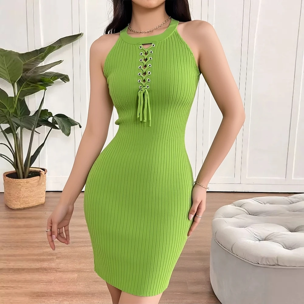 YuooMuoo 여성 여름 스타일 니트 미니 드레스 레이디 섹시한 붕대 랩 힙스 클럽 파티 드레스 streetwear 의상 vestidos