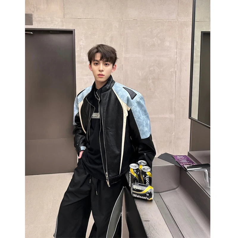 

Мужская куртка в американском ретро-стиле, весна-осень 2024, новая модель с цветными вставками, мотоциклетная одежда, высококачественная куртка из искусственной кожи.