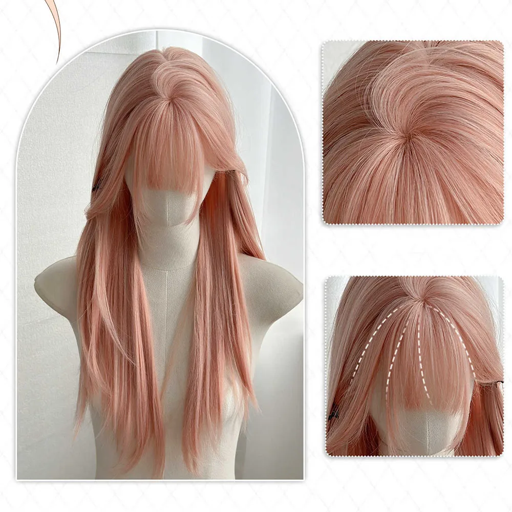 OLACARE Synthetic Long Silky Straight Wigs with Bangs Brown Pink Cosplay Party Lolita Hair Wigs Women Natural Heat Resistant Wig