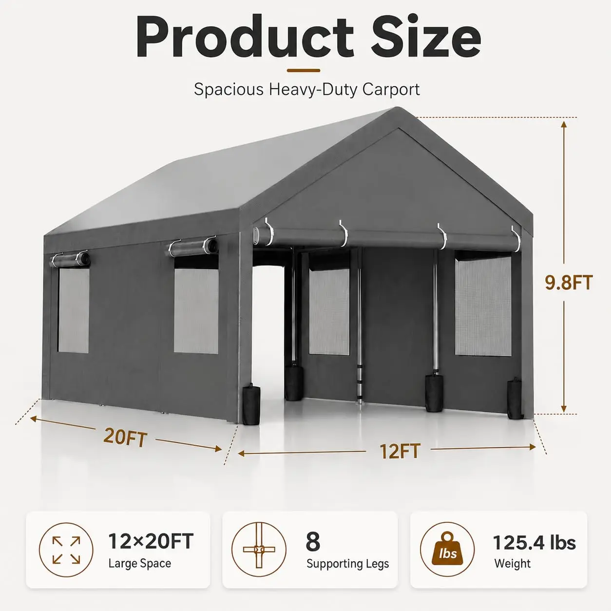180g PE Tarp, 8 Reinforced Legs, Roll-Up Windows, Removable Sidewalls, UV Resistant, 1.5