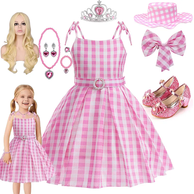 Barbi Role Play Costume Kids Palid Dress Off Shoulder Movie Margot Cosplay Frock Vintage Girls Fashionable Casual Pink Clothing