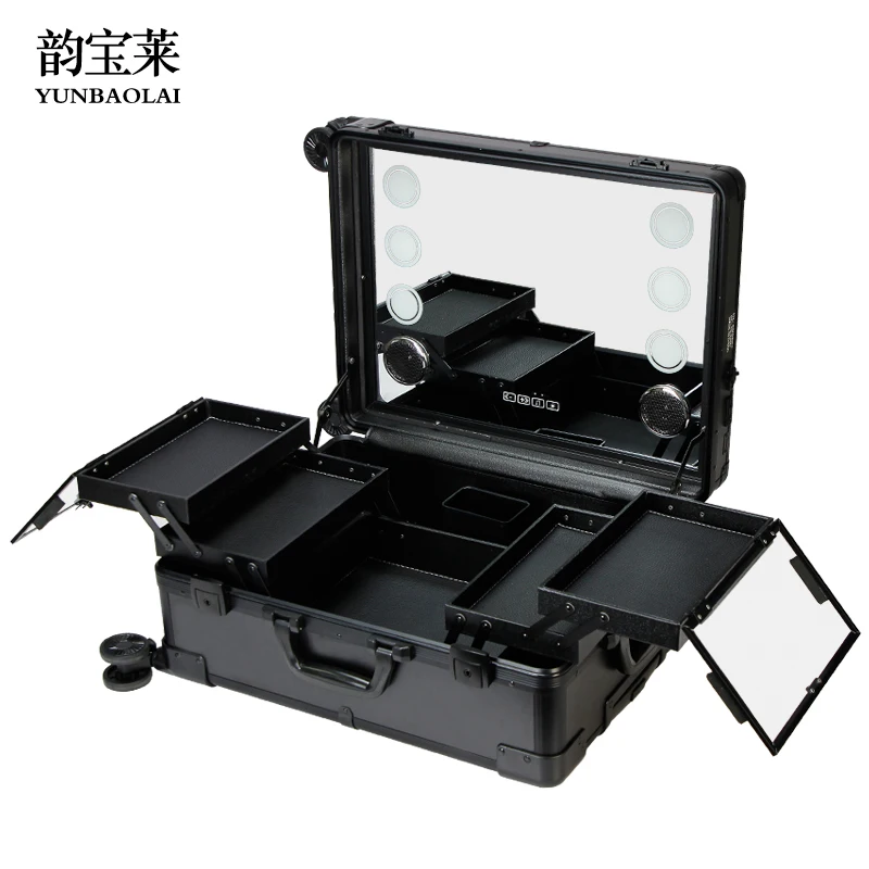 

Aluminum Magnesium Professional Makeup Fixing Artist Cosmetic Case Trolley Tempered Glass with Light Large Capacity Portable