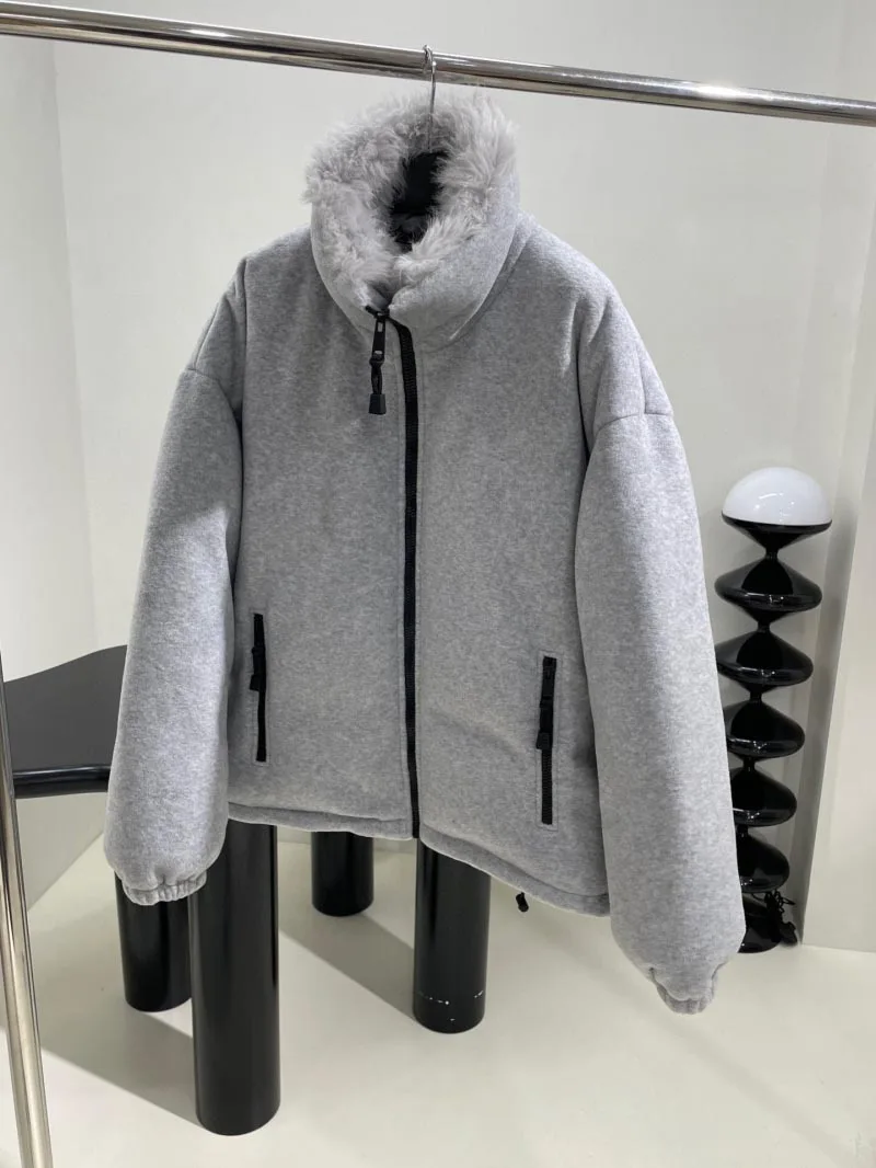 2024 inverno moda gola de pele ganso para baixo casaco para mulheres de alta qualidade cinza velo parka manga longa quente zip casaco feminino para baixo