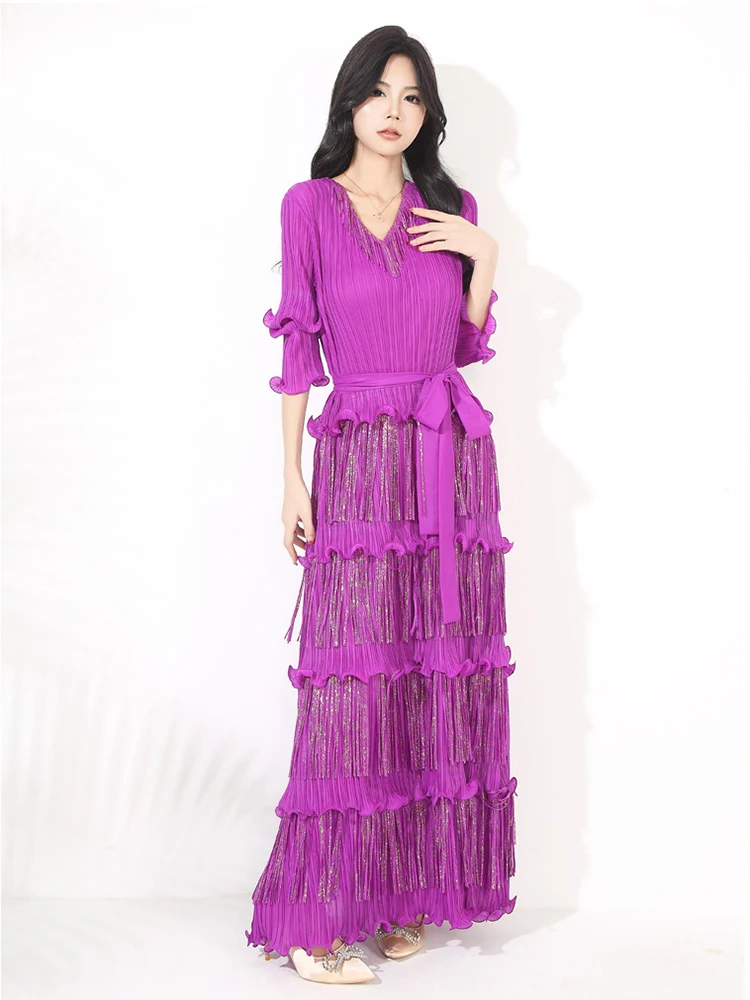 Moda borla vestidos plissados primavera feminino meia manga com decote em v vestido em camadas novo outono cintura alta sólido fino tornozelo comprimento vestido