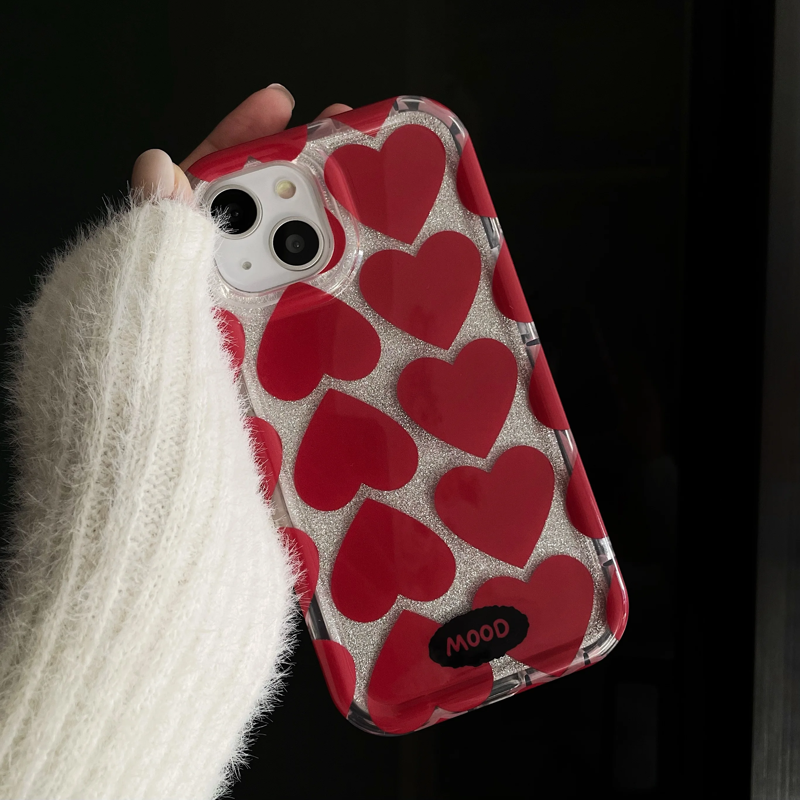 Korean Ins Red Hearts Glittering IMD Case for iPhone 15 14 13 Pro Max Plus Back Phone Cover for 12 11 Pro Max X XS Max Capa