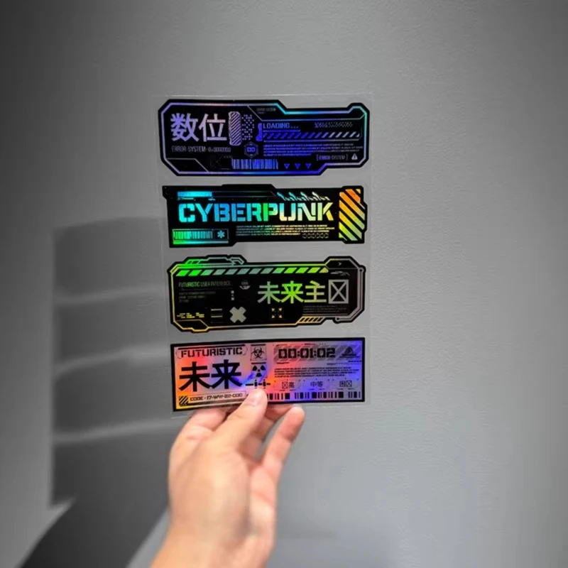 4Pcs Holographic Cyberpunk Sticker Set, Futuristic Sci-Fi Vinyl Decal for Car Window, Bumper & Laptop