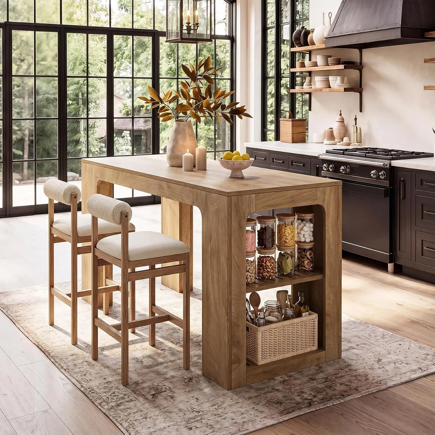 63'' Kitchen Island with Storage & Seating, Oak Brown, Customized
