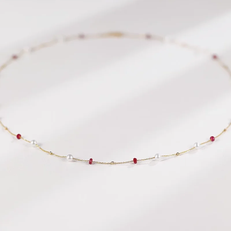 

Fine Jewelry 18K yellow natural ruby Freshwater pearl Necklace Pendant Wedding Gift For Women X2004