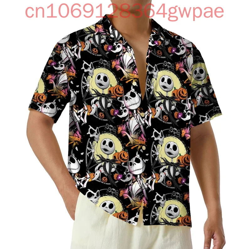 Jack Skellington and Sally Hawaiian Shirt Men's Womens Short Sleeved Button Up Shirt The Nightmare Before Christmas Beach Shirt