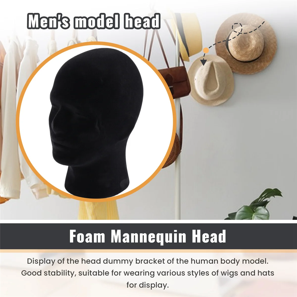 Polystyrene Black Foam Men Model Mannequin Head Dummy Stand Shop Display Hat, 2 x BLACK