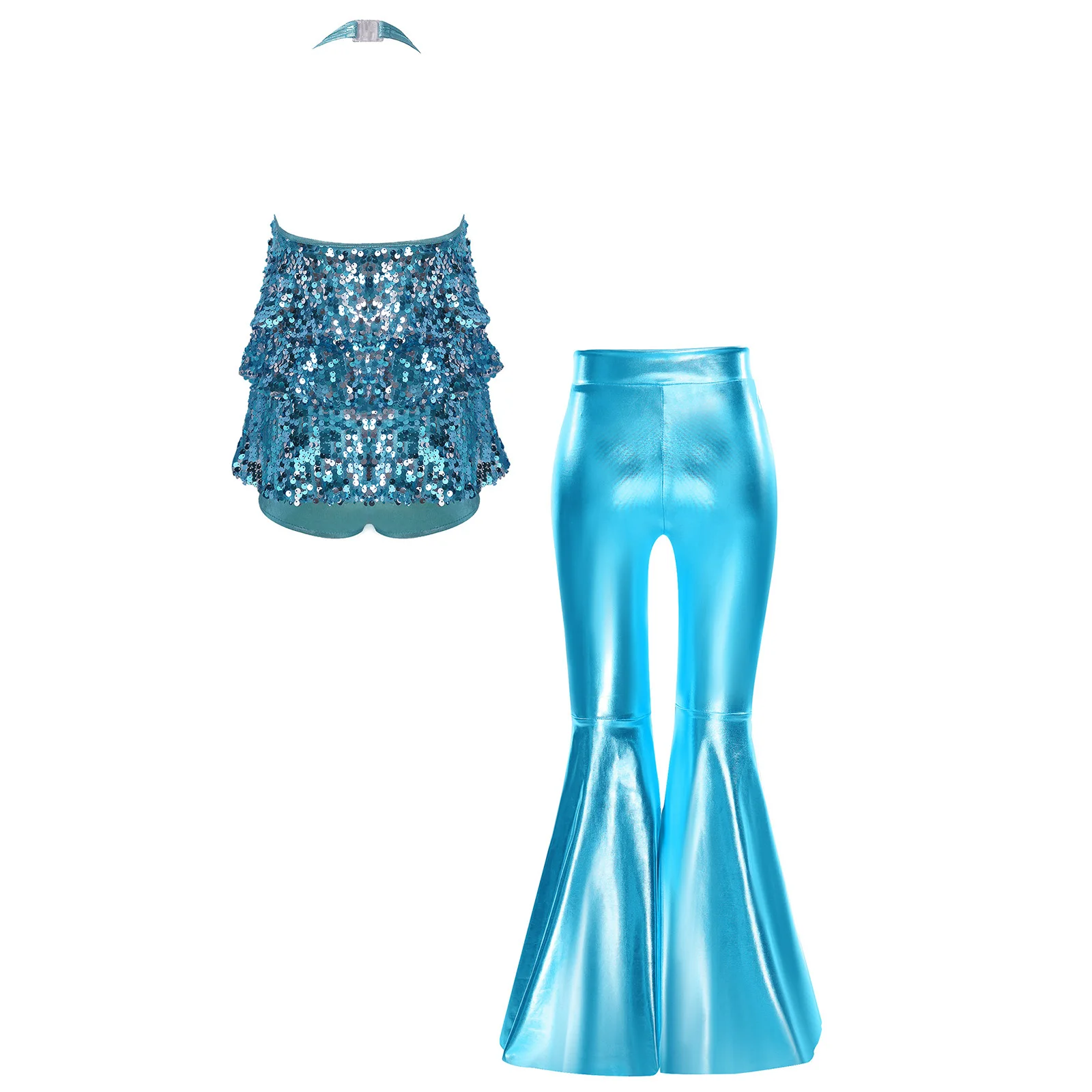 Kids Girls 2pcs Jazz Dance Costume 70s Dancing Ballroom Tango Performance Set Halter Backless Sequins Leotard Bell-Bottom Pants